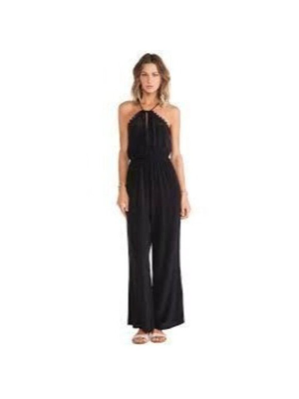 Faithfull The Brand Black Lace-Trim Wide-Leg Halter Jumpsuit